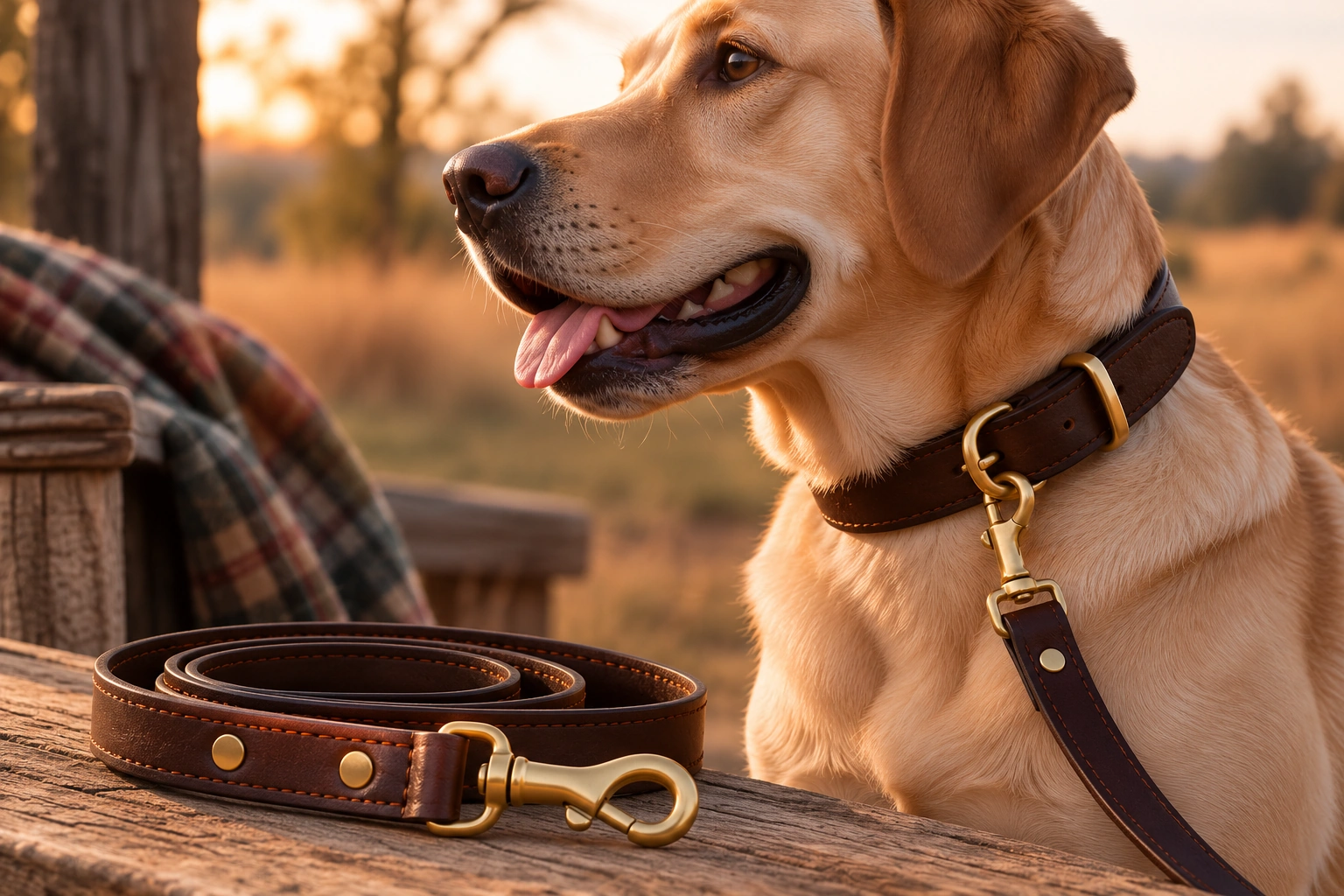 Hunting dog wearing leather and brass hardware